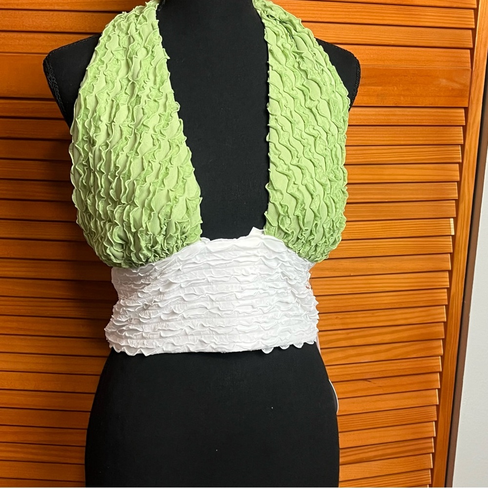 Green and White Ruched Sleeveless Crop Top